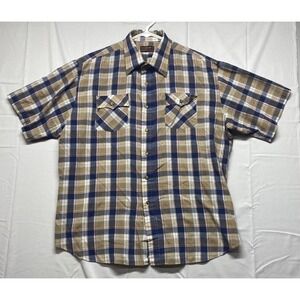 VTG Kingsport Shirt Men XL Multicolor Plaid Cotton Short Sleve Button Curved Hem